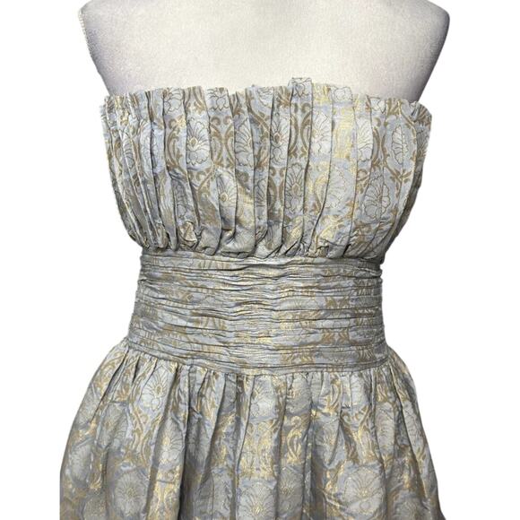 ByTimo A-Line Mini Dress Ruffled Hem Strapless Floral Brocade Blue Gold L NWOT - Picture 2 of 8